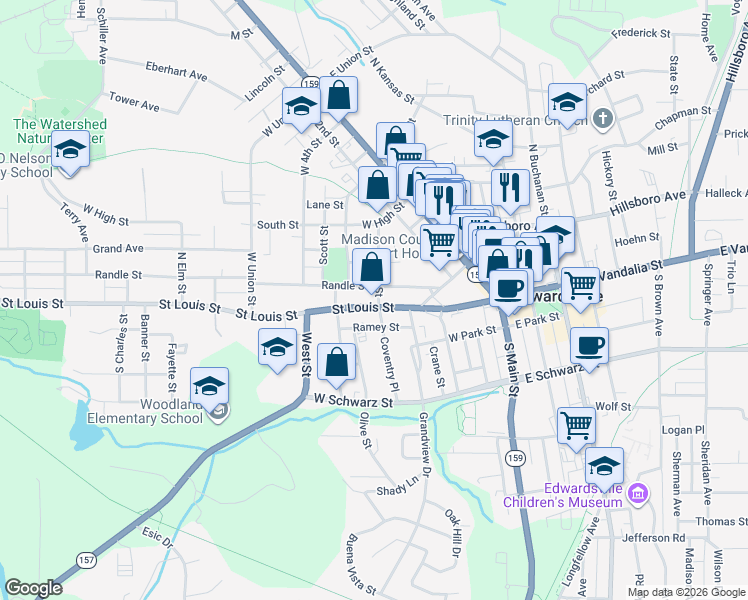 map of restaurants, bars, coffee shops, grocery stores, and more near 501 Saint Louis Street in Edwardsville