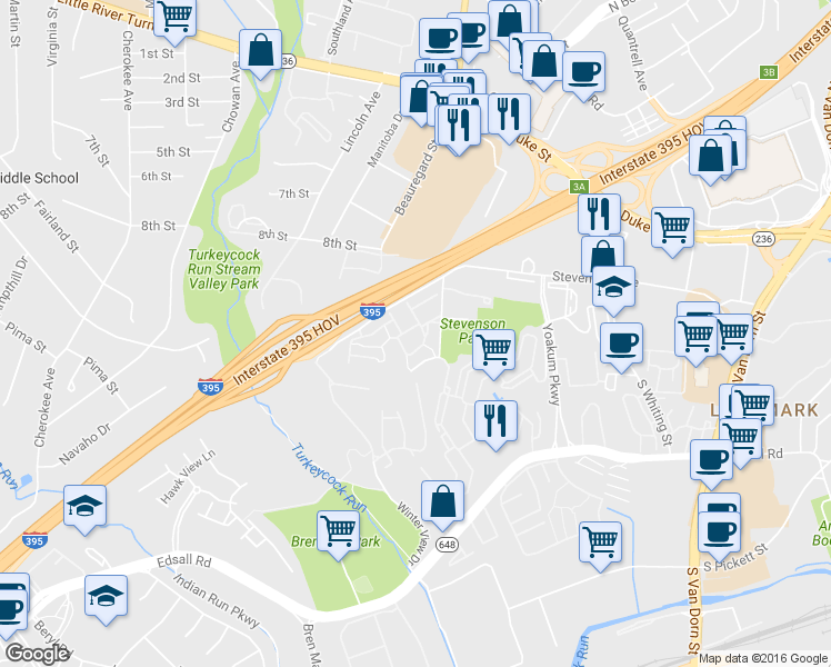 map of restaurants, bars, coffee shops, grocery stores, and more near 6303 Chaucer Lane in Alexandria
