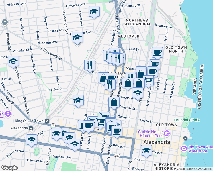 map of restaurants, bars, coffee shops, grocery stores, and more near 525 North Fayette Street in Alexandria