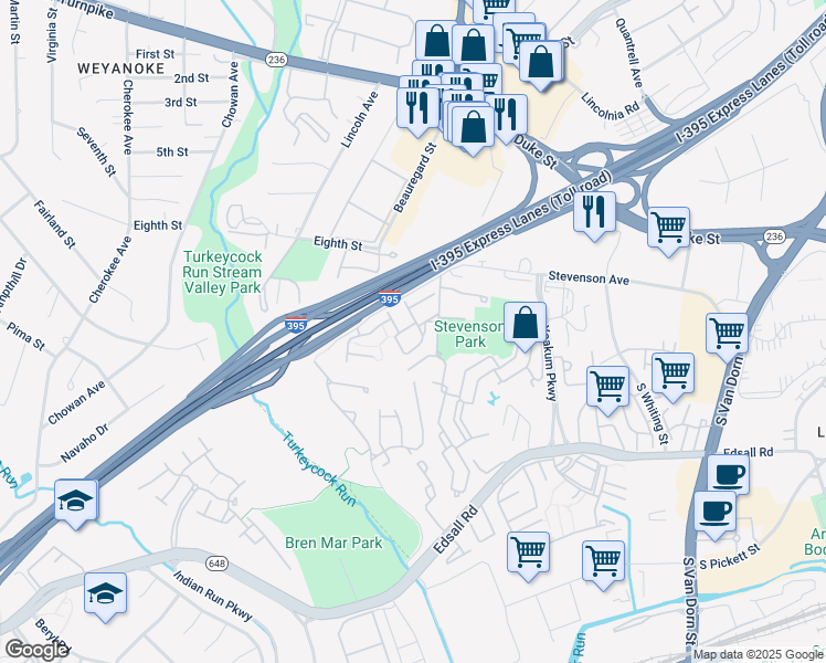 map of restaurants, bars, coffee shops, grocery stores, and more near 6303 Chaucer Lane in Alexandria