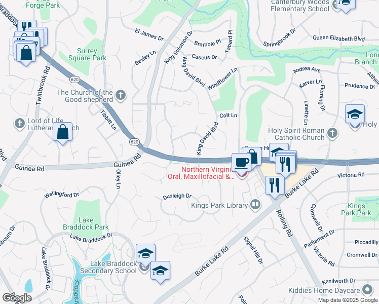 map of restaurants, bars, coffee shops, grocery stores, and more near 5109 Claytonia Court in Annandale