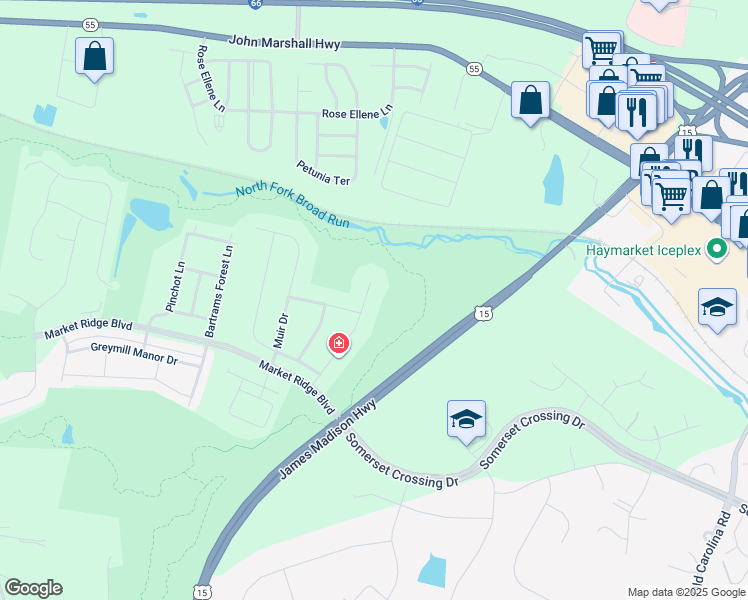 map of restaurants, bars, coffee shops, grocery stores, and more near 6717 Leopolds Trail in Haymarket