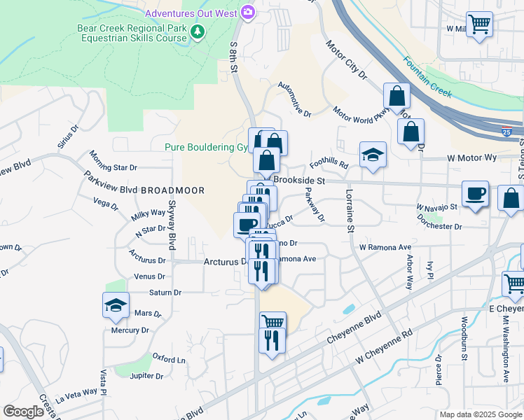 map of restaurants, bars, coffee shops, grocery stores, and more near 1541 South 8th Street in Colorado Springs