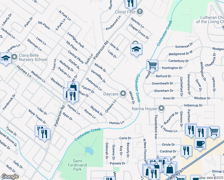 map of restaurants, bars, coffee shops, grocery stores, and more near 420 Versailles Drive in Florissant