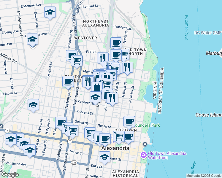 map of restaurants, bars, coffee shops, grocery stores, and more near 621 North Saint Asaph Street in Alexandria