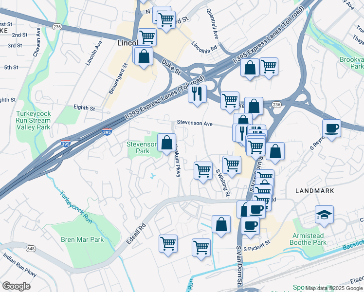 map of restaurants, bars, coffee shops, grocery stores, and more near 260 Yoakum Parkway in Alexandria