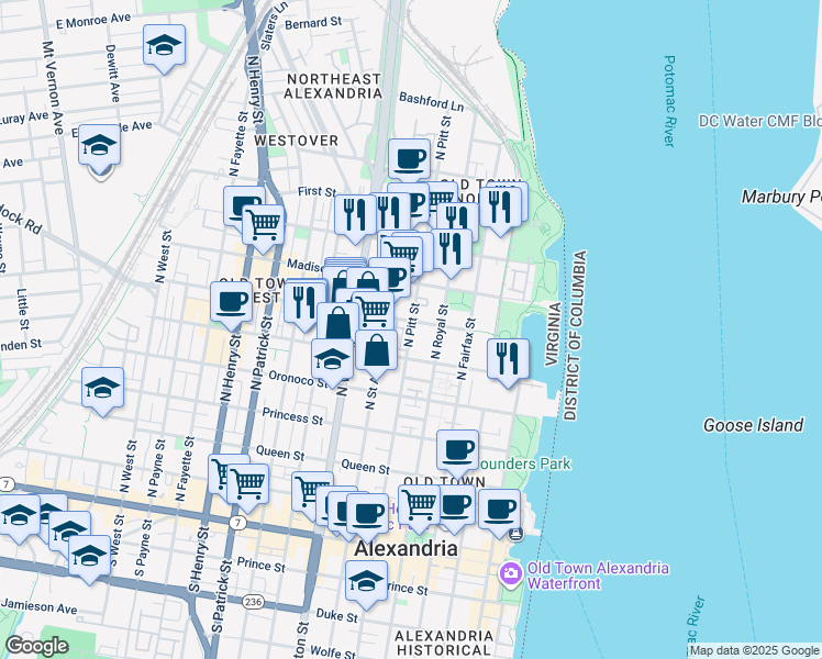 map of restaurants, bars, coffee shops, grocery stores, and more near North Pitt Street in Alexandria