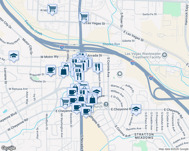 map of restaurants, bars, coffee shops, grocery stores, and more near 313 May Drive in Colorado Springs