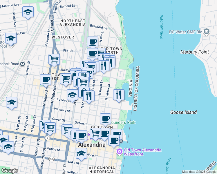 map of restaurants, bars, coffee shops, grocery stores, and more near 701 North Fairfax Street in Alexandria