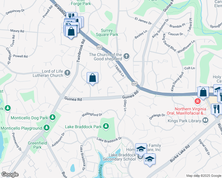 map of restaurants, bars, coffee shops, grocery stores, and more near 5111 Dahlgreen Place in Burke