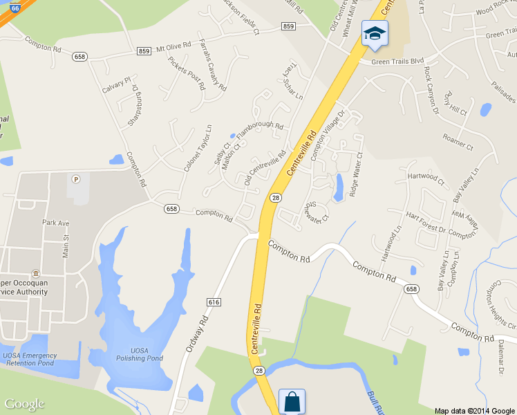 map of restaurants, bars, coffee shops, grocery stores, and more near 14527 Castleford Court in Centreville