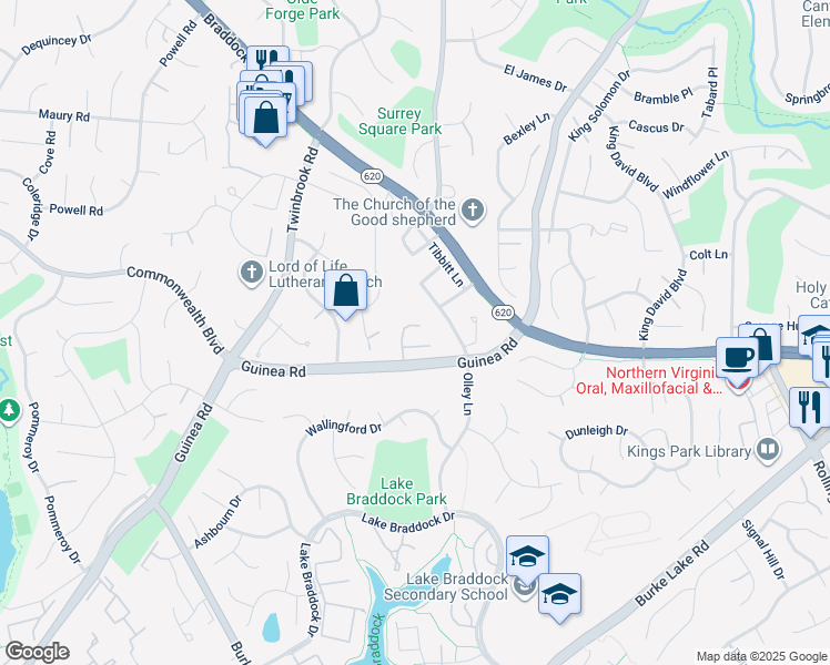map of restaurants, bars, coffee shops, grocery stores, and more near 5111 Dahlgreen Place in Burke