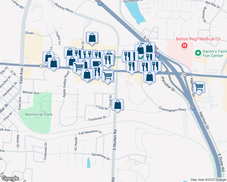 map of restaurants, bars, coffee shops, grocery stores, and more near 1310 Minnie Avenue in Belton