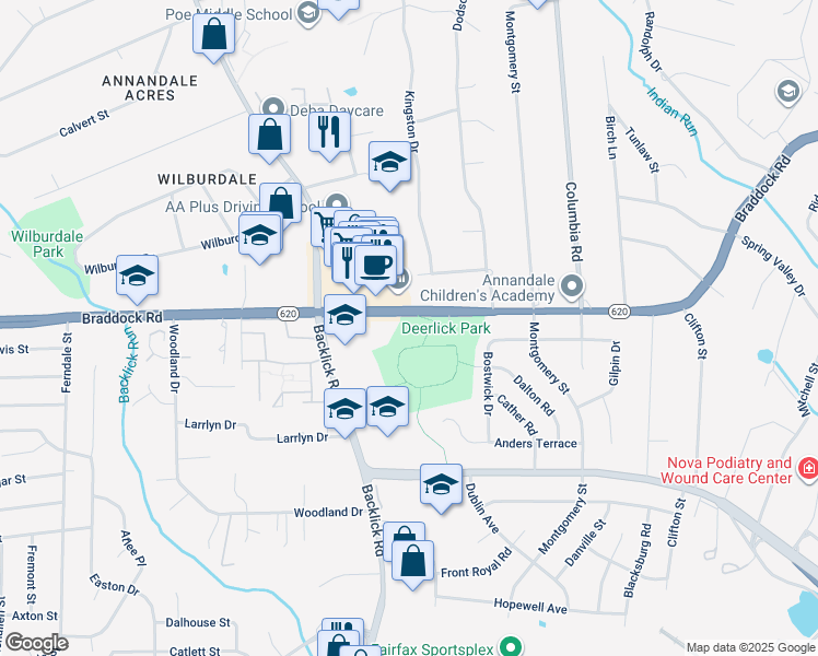map of restaurants, bars, coffee shops, grocery stores, and more near 6825 Braddock Road in Annandale
