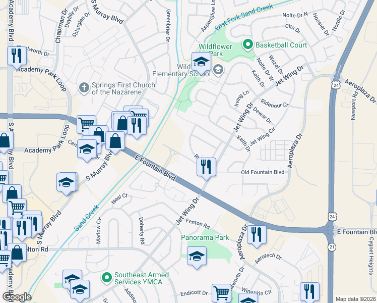 map of restaurants, bars, coffee shops, grocery stores, and more near 1480 Ride Lane in Colorado Springs
