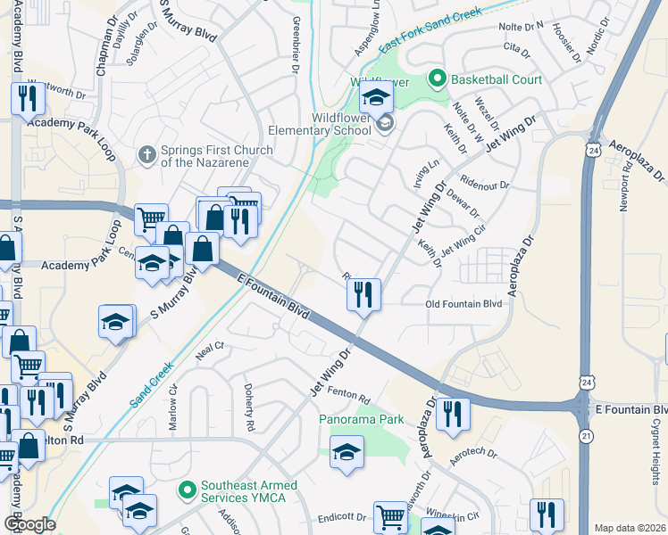 map of restaurants, bars, coffee shops, grocery stores, and more near 1480 Ride Lane in Colorado Springs
