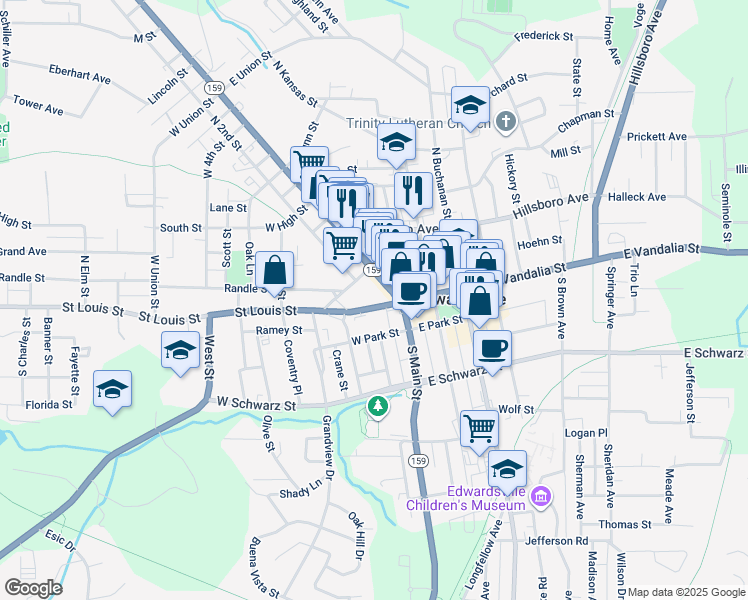 map of restaurants, bars, coffee shops, grocery stores, and more near 101 West Vandalia Street in Edwardsville