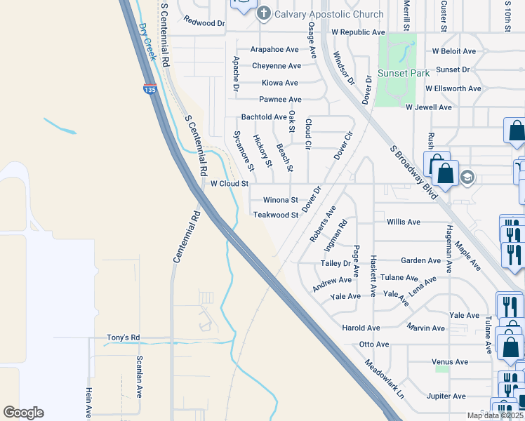 map of restaurants, bars, coffee shops, grocery stores, and more near 1473-1599 Teakwood Street in Salina