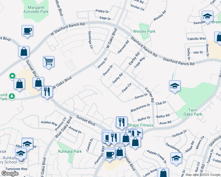 map of restaurants, bars, coffee shops, grocery stores, and more near 5725 Darby Road in Rocklin