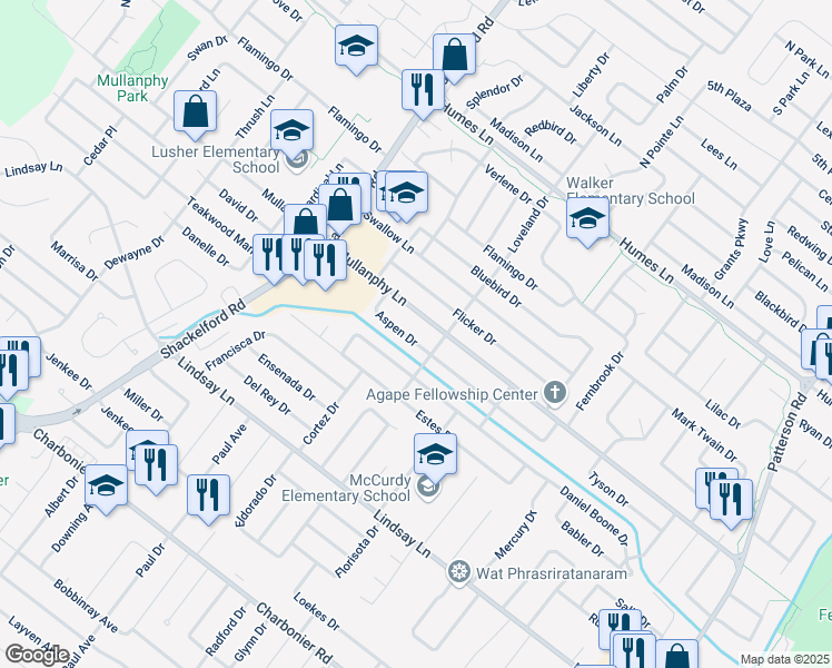 map of restaurants, bars, coffee shops, grocery stores, and more near 1455 Aspen Drive in Florissant