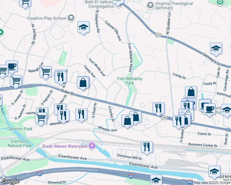 map of restaurants, bars, coffee shops, grocery stores, and more near 108 North Donelson Street in Alexandria