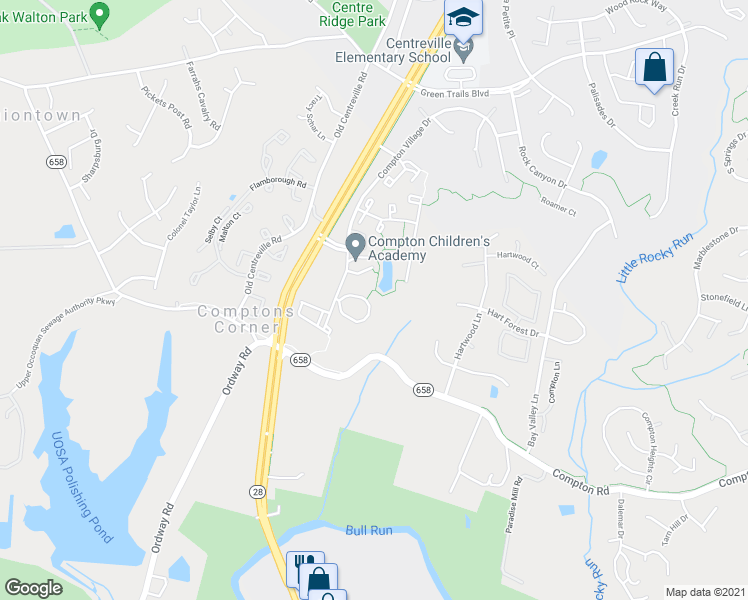 map of restaurants, bars, coffee shops, grocery stores, and more near 14354 Stonewater Court in Centreville