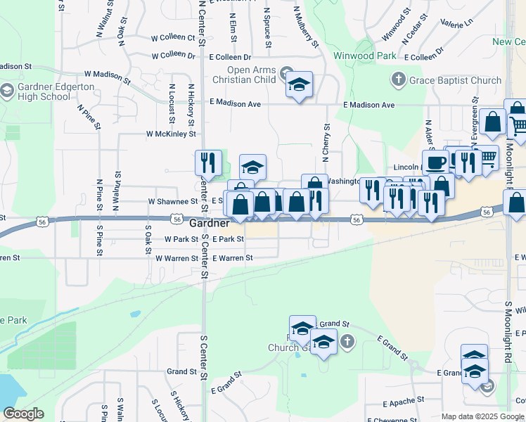 map of restaurants, bars, coffee shops, grocery stores, and more near 212 East Main Street in Gardner