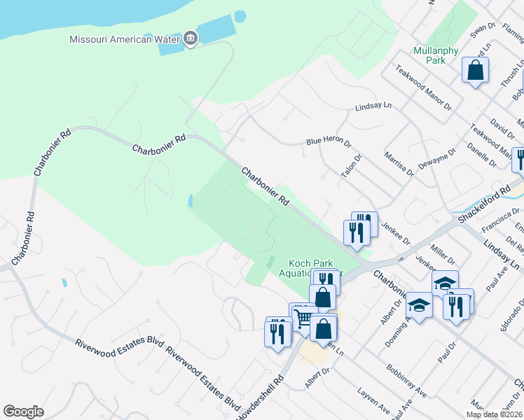 map of restaurants, bars, coffee shops, grocery stores, and more near 315 Howdershell Road in Florissant