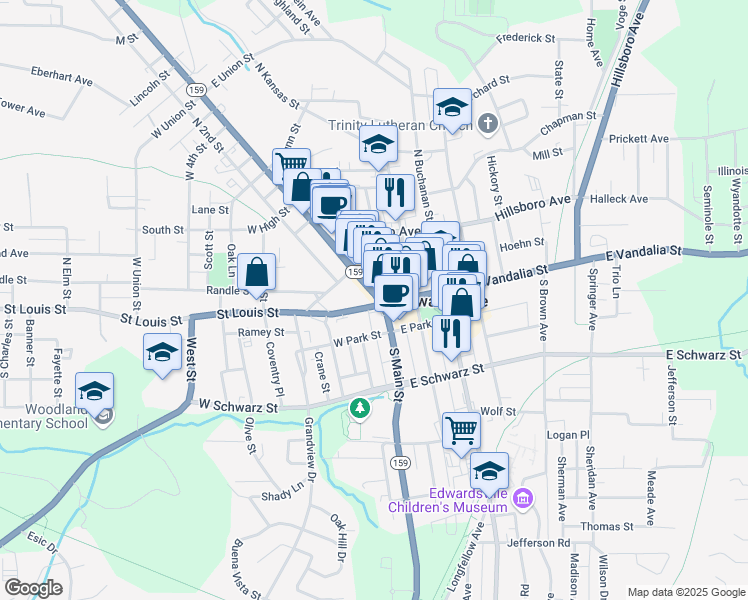 map of restaurants, bars, coffee shops, grocery stores, and more near 101 West Vandalia Street in Edwardsville