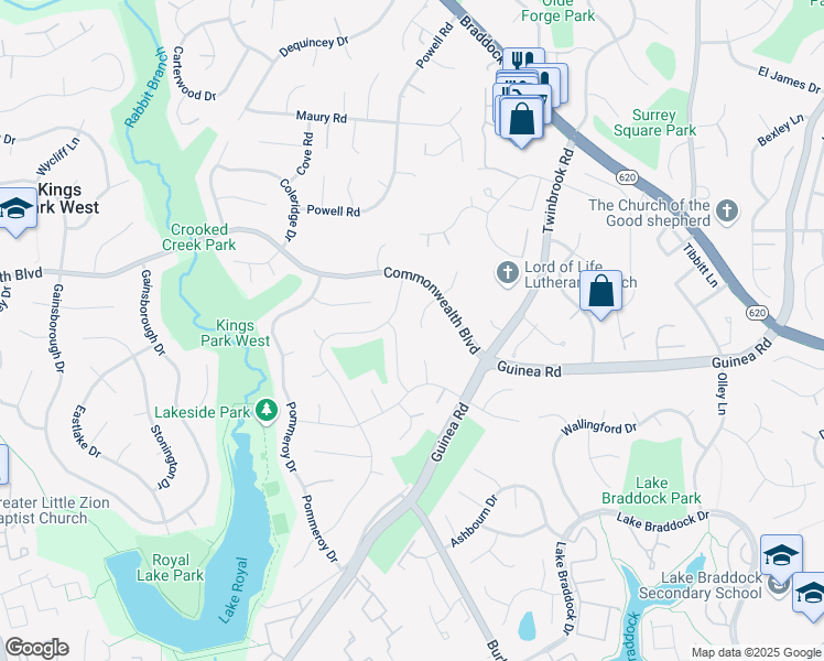 map of restaurants, bars, coffee shops, grocery stores, and more near 5118 Thackery Court in Fairfax