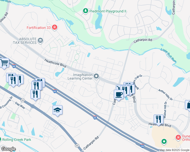 map of restaurants, bars, coffee shops, grocery stores, and more near Heathcote Boulevard in Gainesville