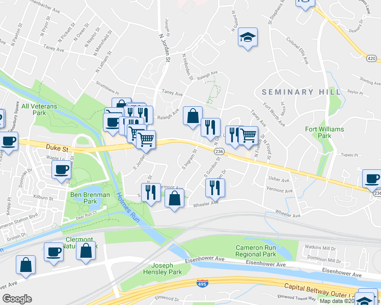 map of restaurants, bars, coffee shops, grocery stores, and more near 9 South Ingram Street in Alexandria