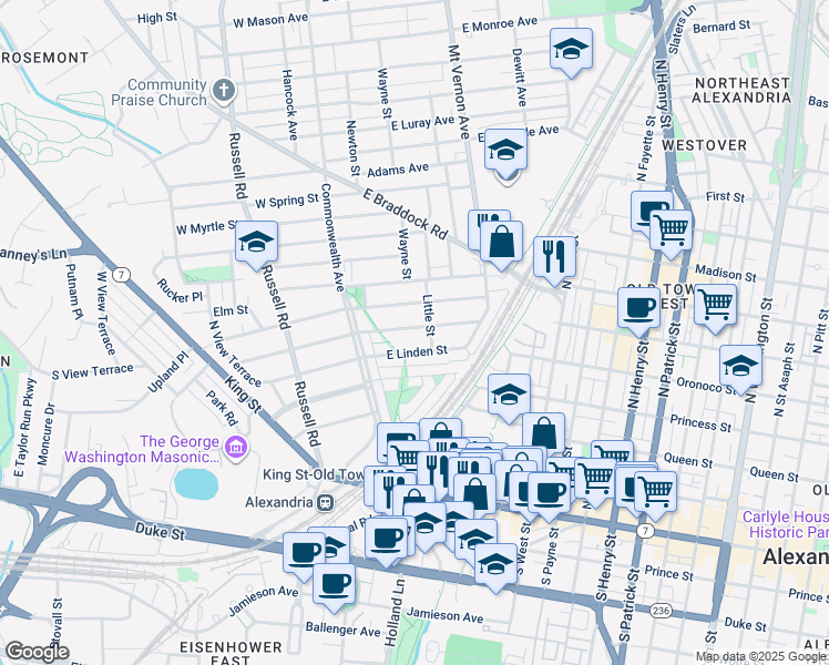 map of restaurants, bars, coffee shops, grocery stores, and more near 27 East Maple Street in Alexandria