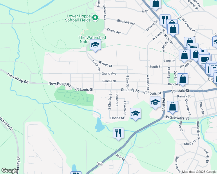map of restaurants, bars, coffee shops, grocery stores, and more near 1028 Saint Louis Street in Edwardsville