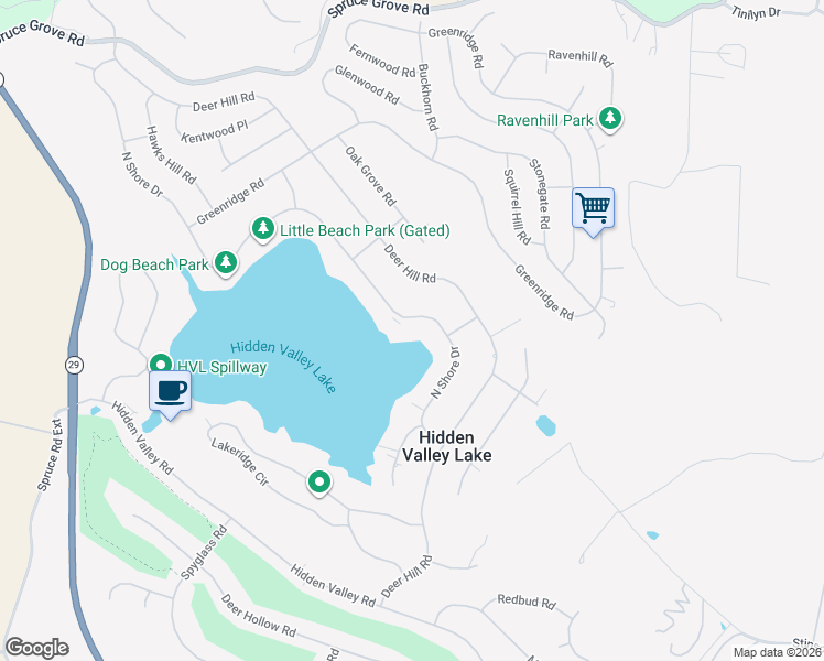 map of restaurants, bars, coffee shops, grocery stores, and more near 18951 North Shore Drive in Hidden Valley Lake