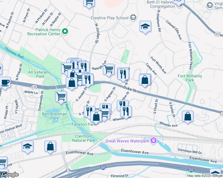 map of restaurants, bars, coffee shops, grocery stores, and more near 9 South Ingram Street in Alexandria