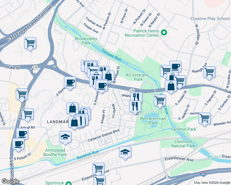 map of restaurants, bars, coffee shops, grocery stores, and more near 112 Cameron Station Boulevard in Alexandria