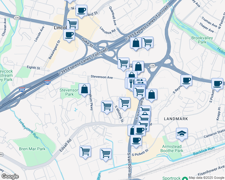 map of restaurants, bars, coffee shops, grocery stores, and more near 250 South Whiting Street in Alexandria