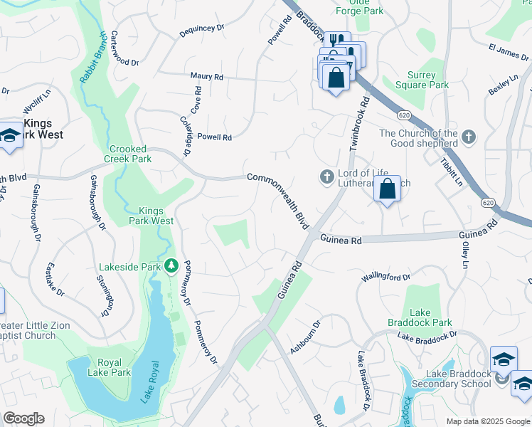 map of restaurants, bars, coffee shops, grocery stores, and more near 5118 Thackery Court in Fairfax