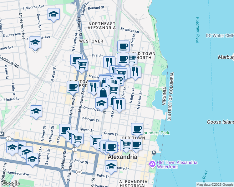 map of restaurants, bars, coffee shops, grocery stores, and more near 621 North Saint Asaph Street in Alexandria