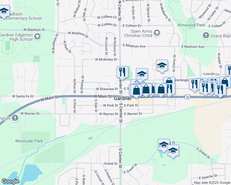 map of restaurants, bars, coffee shops, grocery stores, and more near in Gardner