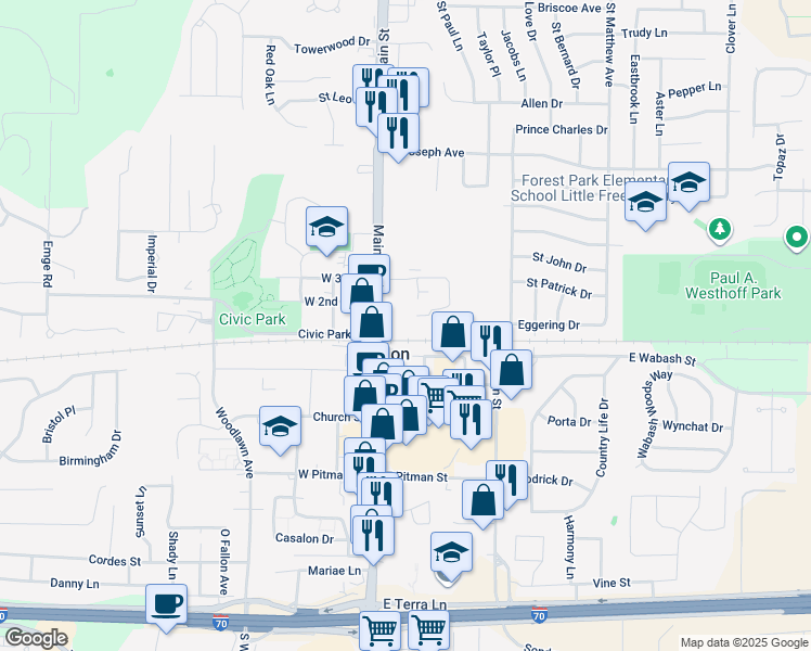map of restaurants, bars, coffee shops, grocery stores, and more near 100 North Main Street in O'Fallon