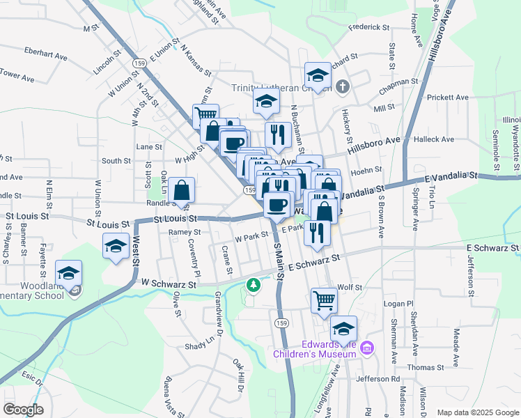 map of restaurants, bars, coffee shops, grocery stores, and more near 101 West Vandalia Street in Edwardsville