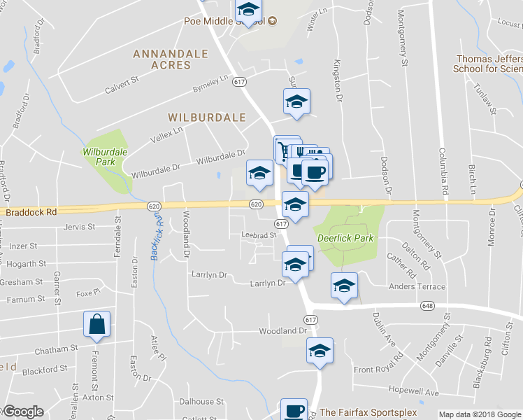 map of restaurants, bars, coffee shops, grocery stores, and more near 7020 Braddock Mews Place in Springfield