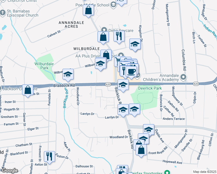map of restaurants, bars, coffee shops, grocery stores, and more near 7022 Braddock Mews Place in Springfield