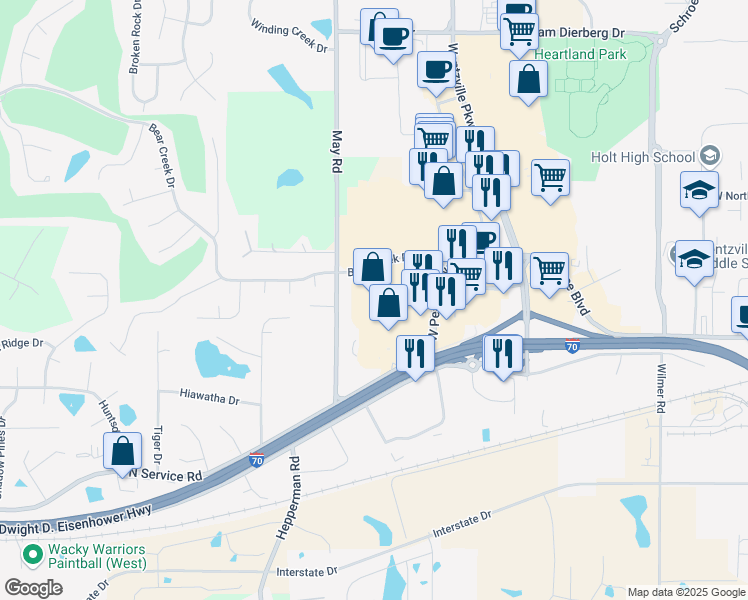 map of restaurants, bars, coffee shops, grocery stores, and more near 1239 West Pearce Boulevard in Wentzville
