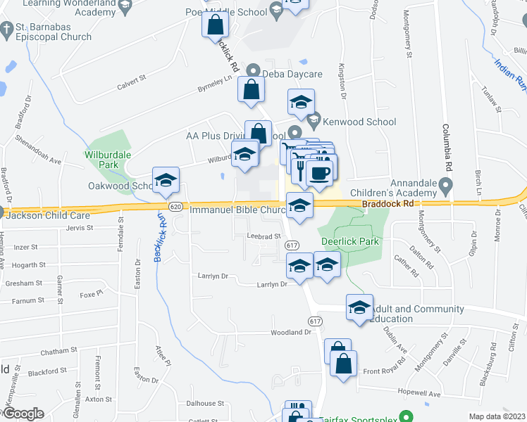 map of restaurants, bars, coffee shops, grocery stores, and more near 7022 Braddock Mews Place in Springfield