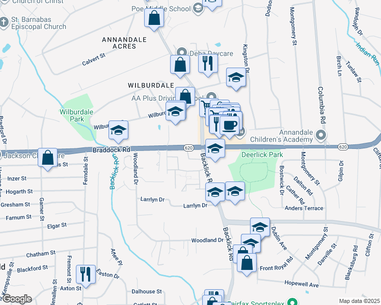 map of restaurants, bars, coffee shops, grocery stores, and more near 7020 Braddock Mews Place in Springfield