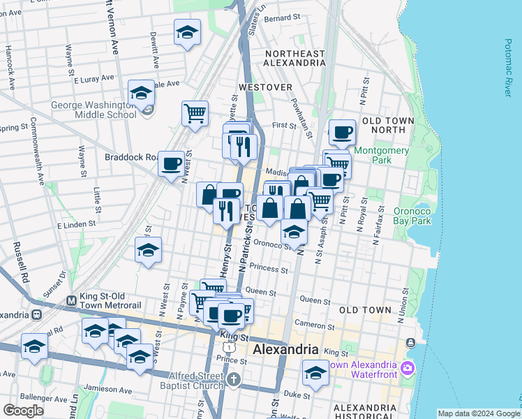 map of restaurants, bars, coffee shops, grocery stores, and more near 911 Pendleton Street in Alexandria