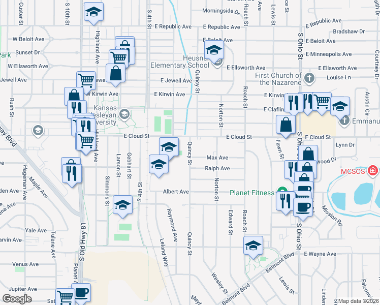 map of restaurants, bars, coffee shops, grocery stores, and more near 1833 Quincy Street in Salina